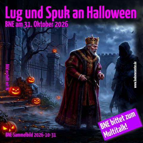KI-erzeugtes Bild mit Halloween-Stimmung mit einem König und einer Person, die im Dunklen steht